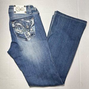 Cello | Dark Wash Fade Denim Blue Jeans w/ Bling & Thick Stitch Detail | Size 7